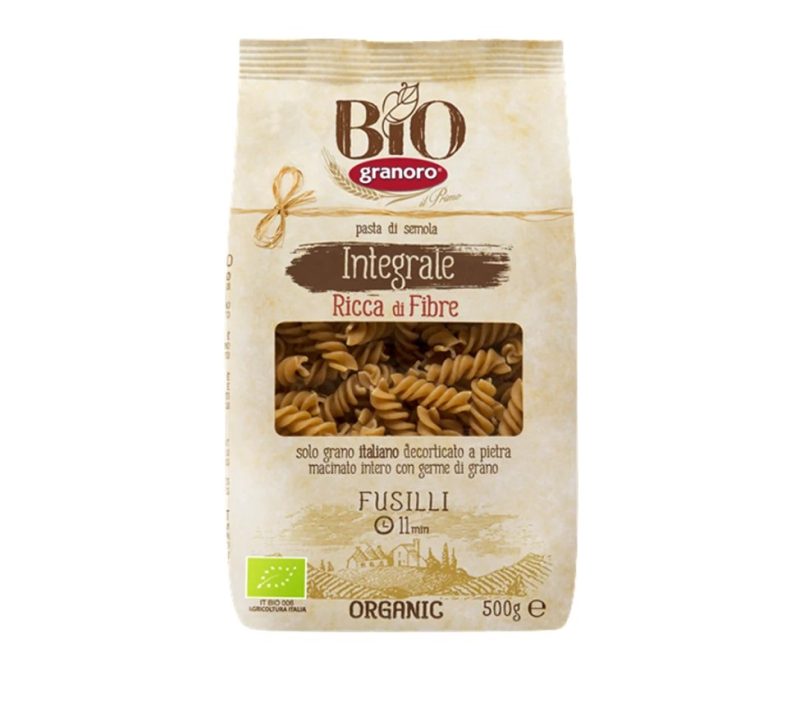 Pasta de trigo integral orgánica, fusilli. Biogranoro